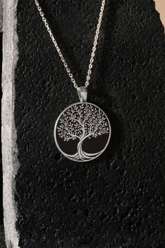 Hayat Ağacı Model Siyah Mineli Gümüş Kolye