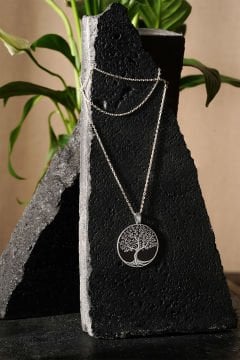 Hayat Ağacı Model Siyah Mineli Gümüş Kolye