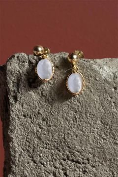 Sedef Taşlı Minimal Gümüş Kadın Küpe Altın Rengi