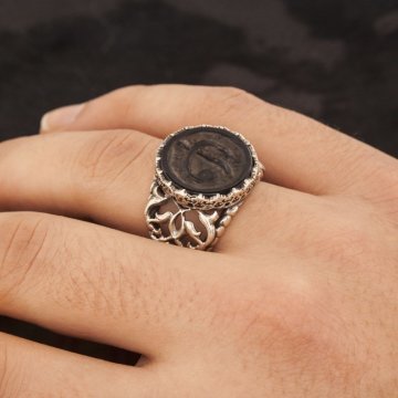 Oniks Üzeri Vav Elif Kabartma El İşi Gümüş Yüzük