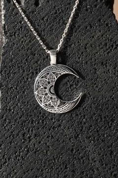 Desenli Hilal Model Siyah Mineli Gümüş Kolye