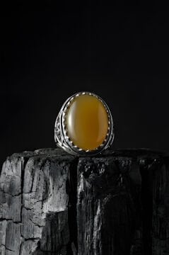 Ters Lale Desenli El İşi Sarı Akik Taşlı Gümüş Yüzük