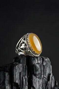 Ters Lale Desenli El İşi Sarı Akik Taşlı Gümüş Yüzük