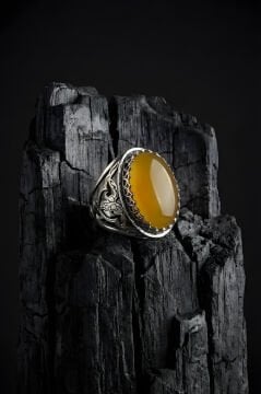 Ters Lale Desenli El İşi Sarı Akik Taşlı Gümüş Yüzük