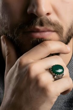Ağaç Kabuğu Model El İşi Yeşil Akik Taşlı Gümüş Yüzük