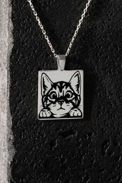 Sevimli Kedi Model Siyah Mineli Gümüş Kolye