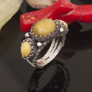 Üçlü Damla Kehribar Taşlı El İşi Gümüş Yüzük