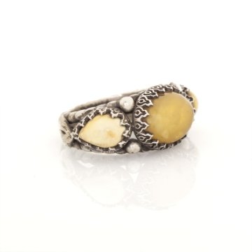 Üçlü Damla Kehribar Taşlı El İşi Gümüş Yüzük