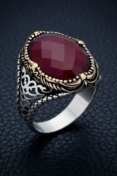 Kırmızı Zirkon Taşlı Gümüş Erkek Yüzük