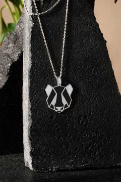 Panda Model Siyah Mineli Gümüş Kolye