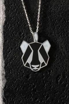 Panda Model Siyah Mineli Gümüş Kolye