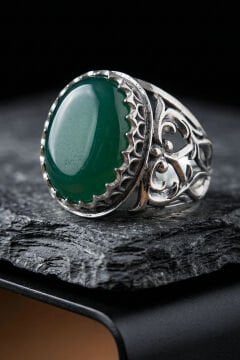 Yeşil AKik Taşlı Özel Tasarım El İşçiliği Erkek Gümüş Yüzük