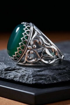 Yeşil AKik Taşlı Özel Tasarım El İşçiliği Erkek Gümüş Yüzük
