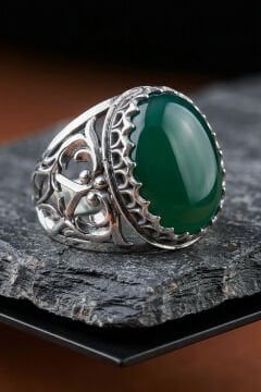 Yeşil AKik Taşlı Özel Tasarım El İşçiliği Erkek Gümüş Yüzük