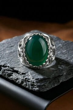 Yeşil AKik Taşlı Özel Tasarım El İşçiliği Erkek Gümüş Yüzük