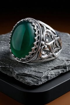 Yeşil AKik Taşlı Özel Tasarım El İşçiliği Erkek Gümüş Yüzük