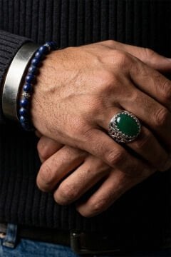 Yeşil AKik Taşlı Özel Tasarım El İşçiliği Erkek Gümüş Yüzük