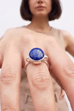 Luna Model Doğal Lapis Lazuli Taşlı Gümüş Kadın Yüzük 24 - Gümüş Rengi