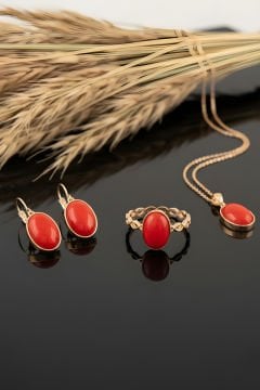 Mercan Taşlı El İşi Minimal Model Gümüş 3'lü Set 15 - Rose Rengi