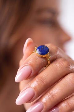 Luna Model Doğal Lapis Lazuli Taşlı Gümüş Kadın Yüzük 10 - Altın Rengi