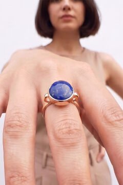 Luna Model Doğal Lapis Lazuli Taşlı Gümüş Kadın Yüzük 11 - Altın Rengi
