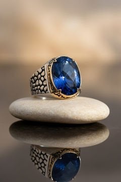 Benekli Model Mavi Zirkon Taşlı Gümüş Erkek Yüzük