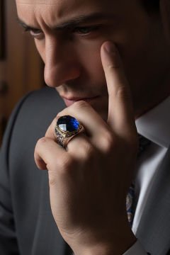 Benekli Model Mavi Zirkon Taşlı Gümüş Erkek Yüzük
