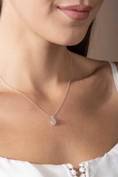 Pembe Kuvars Taşlı Minimal Gümüş Kadın Kolye