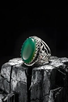 Ters Lale Desenli El İşi Yeşil Akik Taşlı Gümüş Yüzük