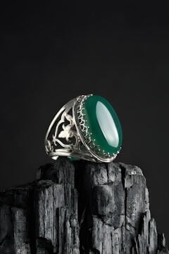 Ters Lale Desenli El İşi Yeşil Akik Taşlı Gümüş Yüzük