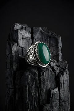 Ters Lale Desenli El İşi Yeşil Akik Taşlı Gümüş Yüzük
