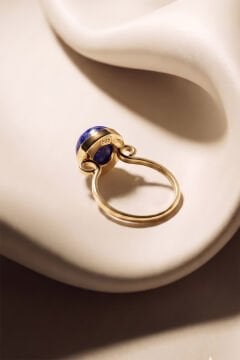 Luna Model Doğal Lapis Lazuli Taşlı Gümüş Kadın Yüzük 14 - Altın Rengi