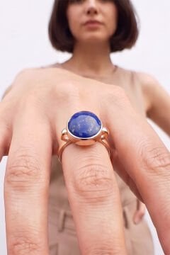 Luna Model Doğal Lapis Lazuli Taşlı Gümüş Kadın Yüzük 14 - Altın Rengi