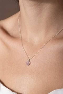 Pembe Kuvars Taşlı Minimal Gümüş Kadın Kolye Gümüş Rengi