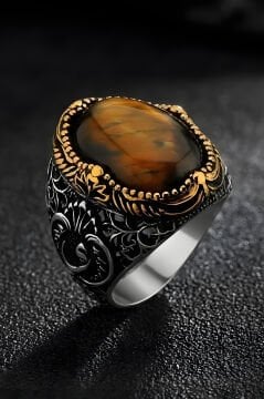 Hünkar Model Kaplangözü Taşlı Gümüş Erkek Yüzük