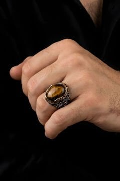 Hünkar Model Kaplangözü Taşlı Gümüş Erkek Yüzük