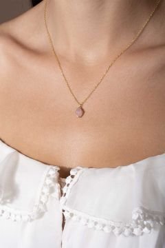 Pembe Kuvars Taşlı Minimal Gümüş Kadın Kolye Altın Rengi