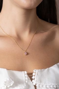 Pembe Kuvars Taşlı Minimal Gümüş Kadın Kolye Altın Rengi