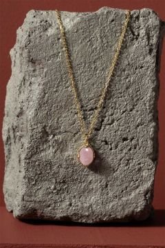 Pembe Kuvars Taşlı Minimal Gümüş Kadın Kolye Altın Rengi