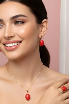Mercan Taşlı El İşi Minimal Model Gümüş 3'lü Set 23 - Rose Rengi