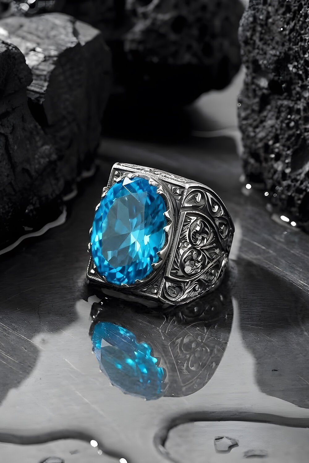 Erzurum Kalem İşçiliği Saltanat Model Mavi Topaz Zirkon Taşlı Erkek Yüzük