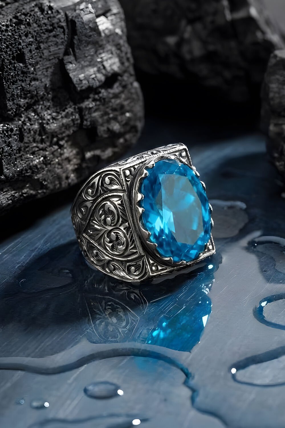 Erzurum Kalem İşçiliği Saltanat Model Mavi Topaz Zirkon Taşlı Erkek Yüzük