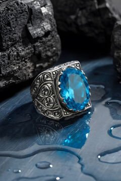 Erzurum Kalem İşçiliği Saltanat Model Mavi Topaz Zirkon Taşlı Erkek Yüzük
