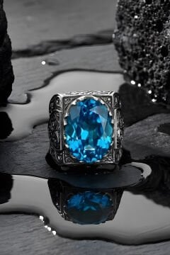 Erzurum Kalem İşçiliği Saltanat Model Mavi Topaz Zirkon Taşlı Erkek Yüzük