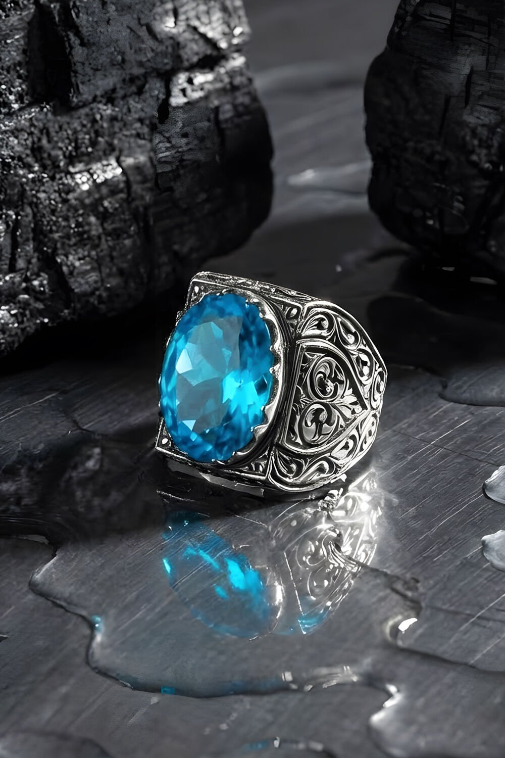 Erzurum Kalem İşçiliği Saltanat Model Mavi Topaz Zirkon Taşlı Erkek Yüzük