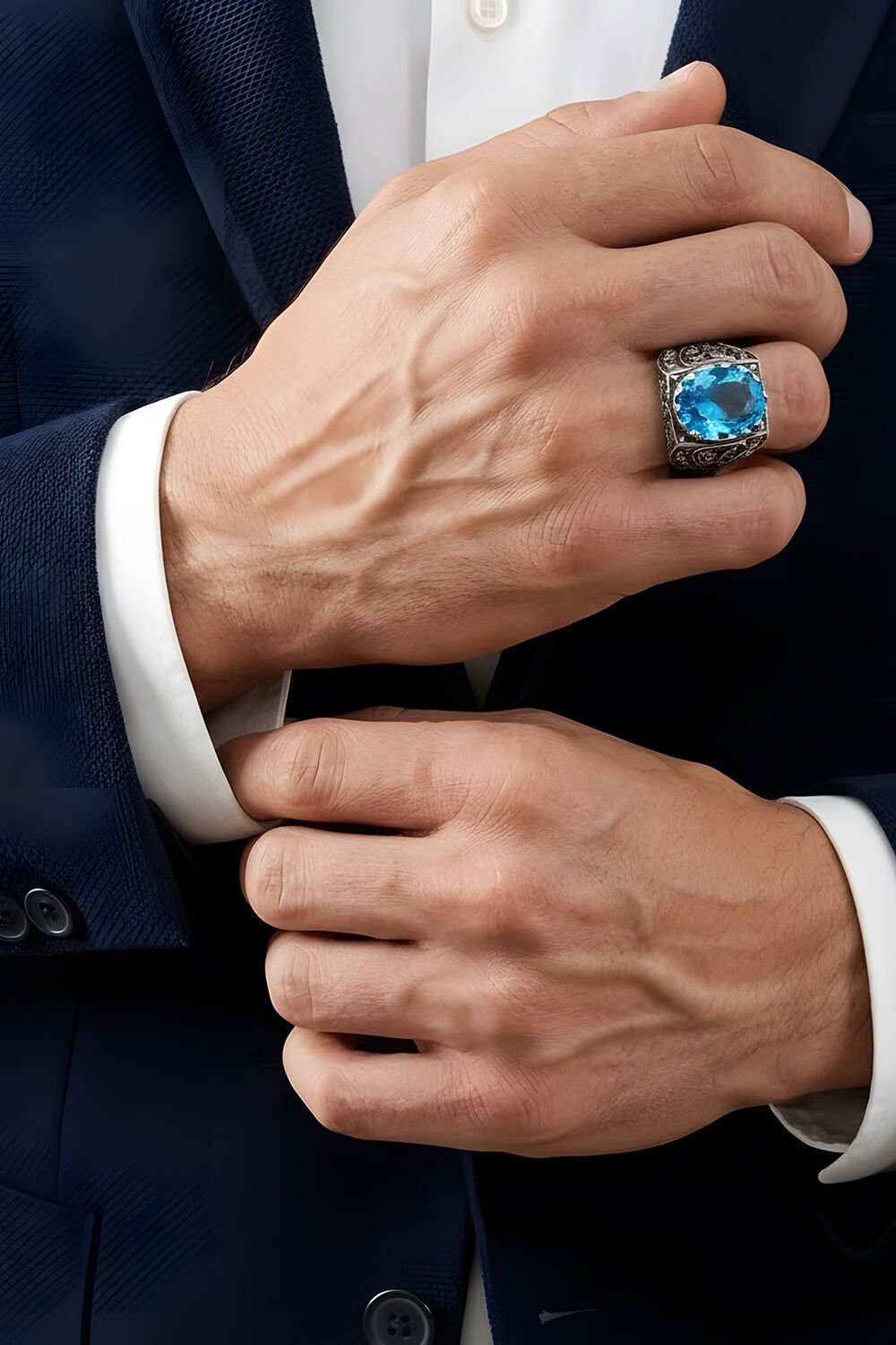 Erzurum Kalem İşçiliği Saltanat Model Mavi Topaz Zirkon Taşlı Erkek Yüzük