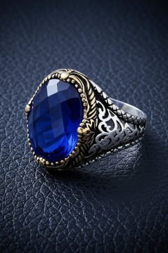 Mavi Zirkon Taşlı Gümüş Erkek Yüzük