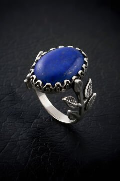 Sarmaşık Model Lapis Lazuli Taşlı El İşi Yüzük 12 - Gümüş Rengi