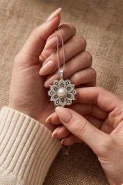Mandala Desenli Doğal İnci Taşlı Gümüş Kolye Gümüş Rengi