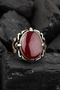 Kalem İşleme Akik Taşlı Erkek Yüzüğü